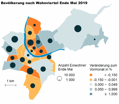 Die Karte zeigt die Anzahl Einwohner nach Wohnviertel Ende Mai 2019 sowie die Veränderung zum April 2019.