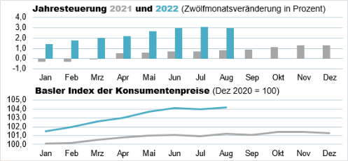 Die Grafik zeigt: Der Basler Index der Konsumentenpreise beträgt im Juli 2022 104,2 Punkte und die Jahresteuerung liegt bei 3,0%.